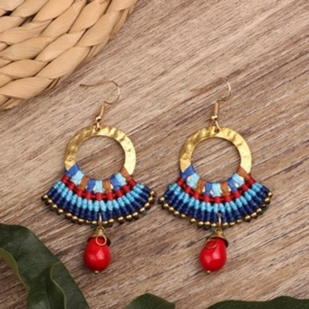 Handmade Macrame Boho Drop Earrings Gold Hammered Fan Red Bead Woven Multicolor